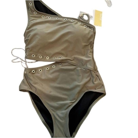 NWT Michael Kors Women's One Shoulder Swimsuit  Sz 10 Green Brass Grommet Detail - Picture 1 of 7